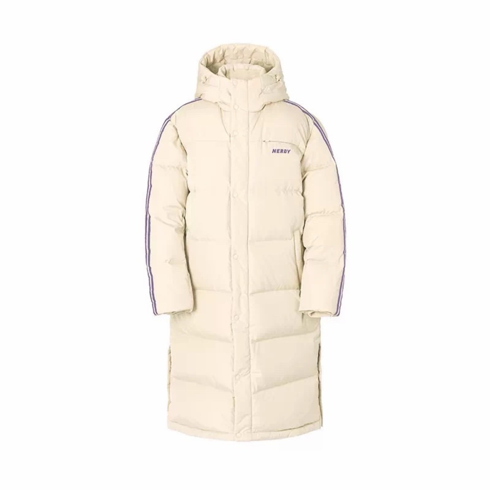 NWT Nerdy long down puffer jacket in cream white with lilac purple stripes.